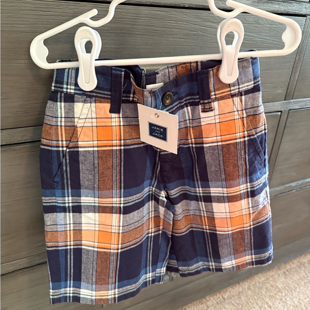 Janie and Jack Kids' Navy and Orange Plaid Shorts
